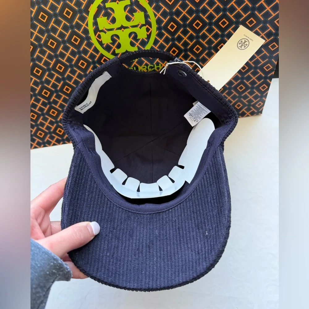 Tory Burch Corduroy Logo Cap Hat Tory Navy Blue